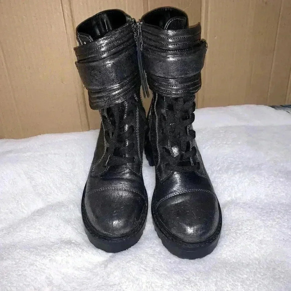 Dkny Shoes - DKNY Women's Basia Lugged Sole Buckle Combat & Lace-up Boots Metallic Graphite.